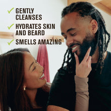 Couple smiling with checklist text about gentle cleansing for beard and skin