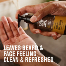Beard + face wash bottle with pump held over hands, label visible