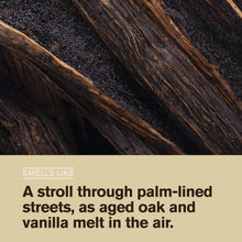 Woodgrain fragrance graphic with text about vanilla and aged oak