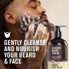Beard + face wash bottle beside lathered beard and hands with foam