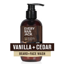 Beard + face wash bottle with pump, labeled Vanilla + Cedar