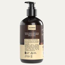 Beard + face wash bottle back label with pump and ingredient details
