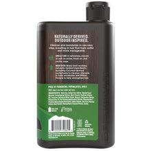 Men’s 2-in-1 shampoo+conditioner bottle back label, dark bottle with green base