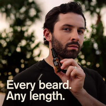 Men's beard oil bottle held near a man's beard with black cap and amber liquid.