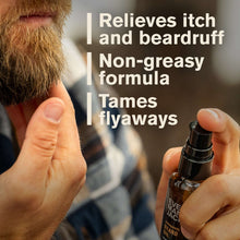 Men's beard oil bottle with black pump being applied to a man's beard.
