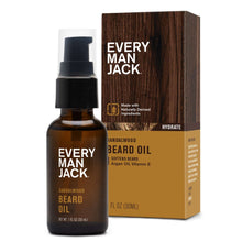 Men's beard oil bottle with black pump and sandalwood hydrate box, 1 fl oz (30 ml).