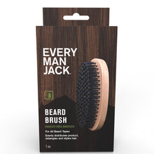 Men's beard brush box packaging showing a beard brush with dark bristles