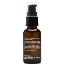 Men's beard oil bottle with black pump and amber liquid, back label view.