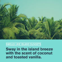 Caribbean Coconut moisturizing shampoo promo text over tropical palm leaves