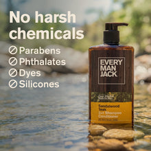Every Man Jack Sandalwood Teak 2-in-1 shampoo conditioner bottle near water
