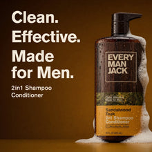 Every Man Jack Sandalwood Teak 2-in-1 shampoo conditioner bottle with water foam