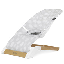 Light gray portable infant bouncer, cloud-print breathable fabric, wooden base