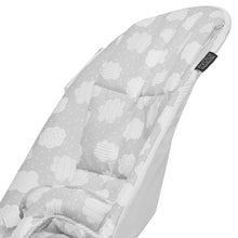 Light gray bouncer seat with cloud-print breathable fabric and Evolur label