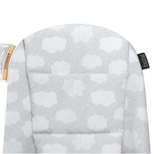 Cloud-print breathable bouncer cushion with padded seat and light gray fabric