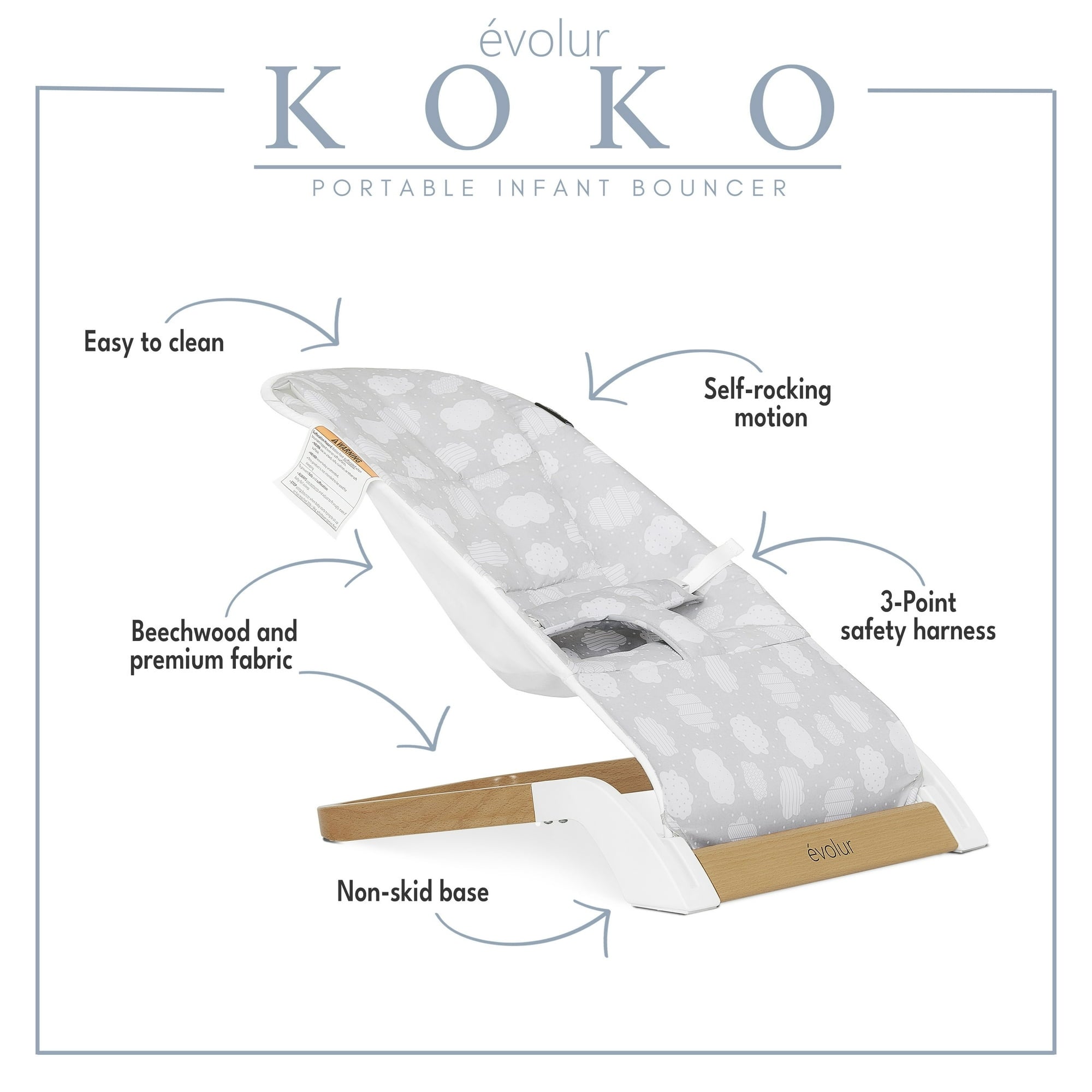 Evolur Koko Portable Infant Bouncer in Light Gray Breathable Fabric