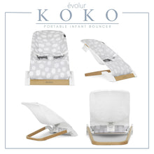 Portable infant bouncer set with light gray cloud-pattern seat and white cover, multiple angles