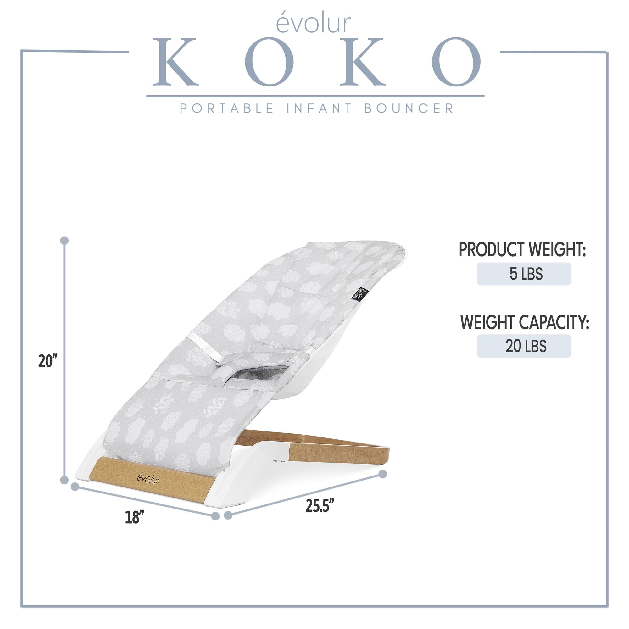 Evolur Koko Portable Infant Bouncer in Light Gray Breathable Fabric