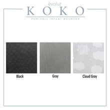 Infant bouncer fabric color swatches: black, gray, and cloud gray