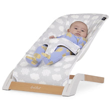 Portable infant bouncer with light gray cloud-pattern seat, reclining white frame, safety harness