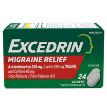 Excedrin Migraine Relief caplets box, 24-count, capsule-shaped tablets