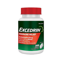Excedrin migraine pain relief caplets bottle, red cap, green label, 300 caplets
