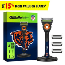 Razor handle on stand with spare cartridge blades and Bears logo box