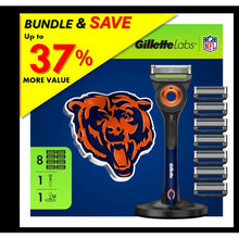 Razor handle with orange detail and dock base plus multiple spare cartridges