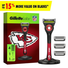Gillette Labs razor with red-and-black handle and three blade cartridges on stand