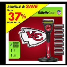 Razor bundle with red-and-black handle, KC logo razor head, and blade cartridges