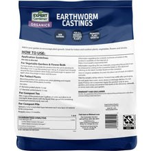 Earthworm castings bag back with usage instructions and guaranteed analysis panel