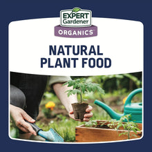 Natural plant food earthworm castings label with hand holding a potted seedling