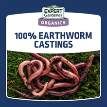 100% earthworm castings label with red earthworms on green moss