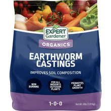 Earthworm castings garden soil amendment bag, blue label with veggies and 1-0-0
