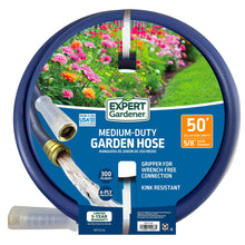 Medium-duty garden hose on reel with brass connector and hose end, 50 ft size box.