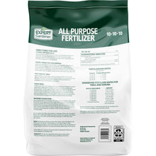 All purpose fertilizer bag back panel with directions and suggested fertilizer rates