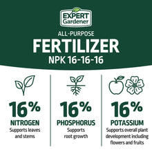 Expert Gardener all-purpose fertilizer NPK 16-16-16 label with 16% nitrogen, 16% phosphorus, 16% potassium