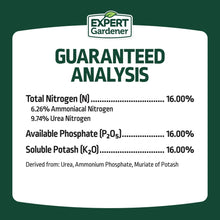 Expert Gardener all-purpose fertilizer guaranteed analysis: total nitrogen 16%, phosphate 16%, potash 16%