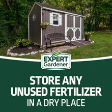 Expert Gardener fertilizer bag label: store any unused fertilizer in a dry place