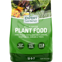 All-purpose plant food fertilizer bag with NPK 12-5-7 and net weight 4 lb