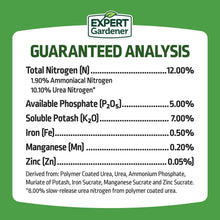 Plant food label with guaranteed analysis: nitrogen 12%, phosphate 5%, potash 7%