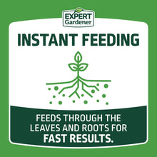 Plant food package panel with “Instant Feeding” icon and leaves-and-roots text