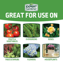 Plant food package panel “Great for use on” fruits, evergreens, roses, trees, flowers, houseplants