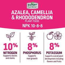 Azalea, camellia & rhododendron plant food bag with NPK 10-8-8 nutrient percentages
