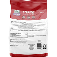 Blood meal plant food bag back panel with use directions and guaranteed analysis