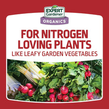 Blood meal plant food label card for nitrogen-loving plants, leafy garden vegetables
