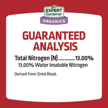 Blood meal plant food label card with guaranteed analysis and total nitrogen 13.00%