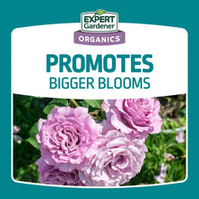 Expert Gardener organics bone meal fertilizer label: promotes bigger blooms with pink roses