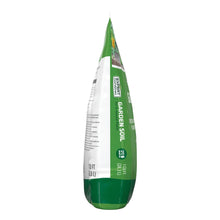 Green and white garden soil bag, narrow side view