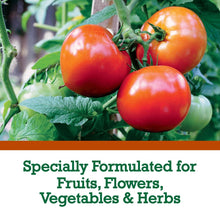 Tomato plant with text: Specially Formulated for Fruits, Flowers, Vegetables & Herbs