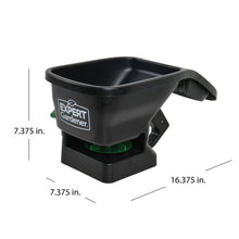 Black handheld broadcast spreader hopper with side handle, with size indicators